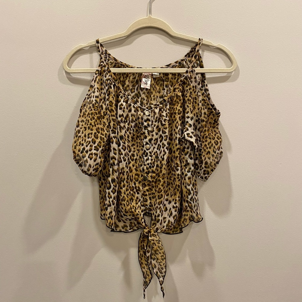 Leopard Print Cold Shoulder Tie Top